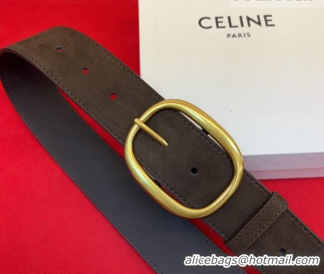 Original Cheap Celine Twin Triomphe Belt 4.5x105cm with Pin Buckle in Suede CE031605 Dark Brown 2026