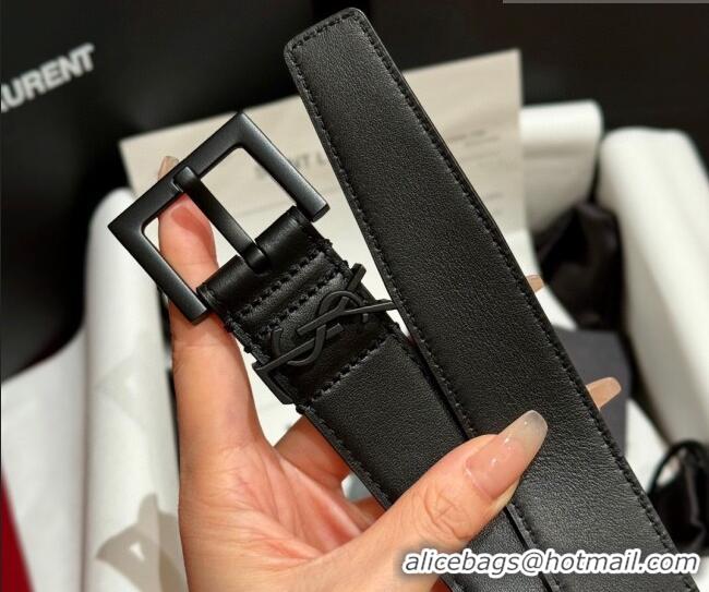 Discount Saint Laurent Calfskin Leather Belt 3cm with Pink Buckle YSL011001 All Black 2025
