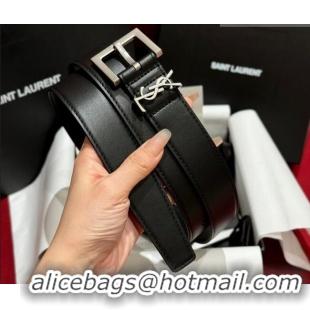Famous Brand Saint Laurent Calfskin Leather Belt 3cm with Pink Buckle YSL011001 Black/Silver 2025