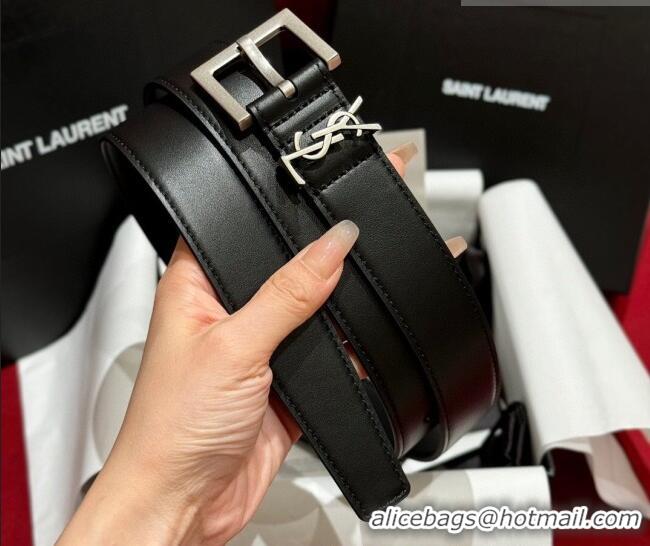 Famous Brand Saint Laurent Calfskin Leather Belt 3cm with Pink Buckle YSL011001 Black/Silver 2025