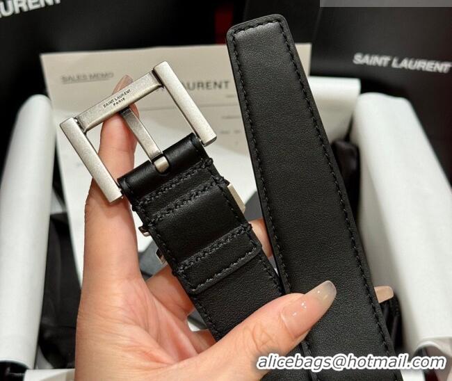 Famous Brand Saint Laurent Calfskin Leather Belt 3cm with Pink Buckle YSL011001 Black/Silver 2025