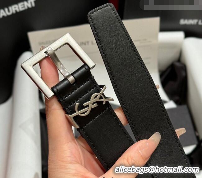 Famous Brand Saint Laurent Calfskin Leather Belt 3cm with Pink Buckle YSL011001 Black/Silver 2025