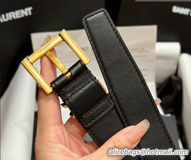 Best Product Saint Laurent Calfskin Leather Belt 3cm with Pink Buckle YSL011001 Black/Gold 2025