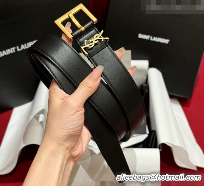 Best Product Saint Laurent Calfskin Leather Belt 3cm with Pink Buckle YSL011001 Black/Gold 2025