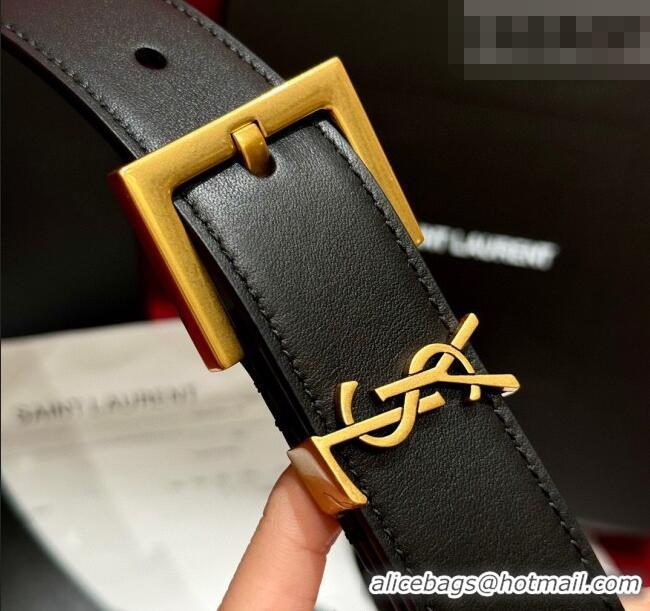 Best Product Saint Laurent Calfskin Leather Belt 3cm with Pink Buckle YSL011001 Black/Gold 2025
