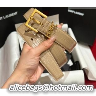 Top Grade Saint Laurent Crocodile Embossed Leather Belt 3cm with Pink Buckle YSL011001 Beige 2025