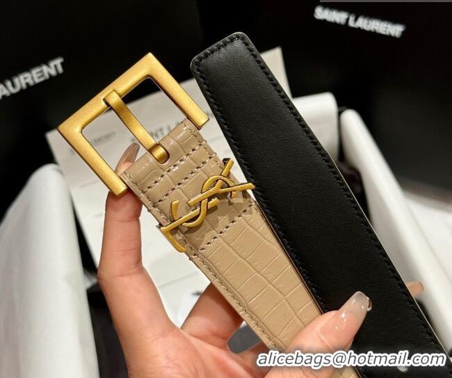 Top Grade Saint Laurent Crocodile Embossed Leather Belt 3cm with Pink Buckle YSL011001 Beige 2025