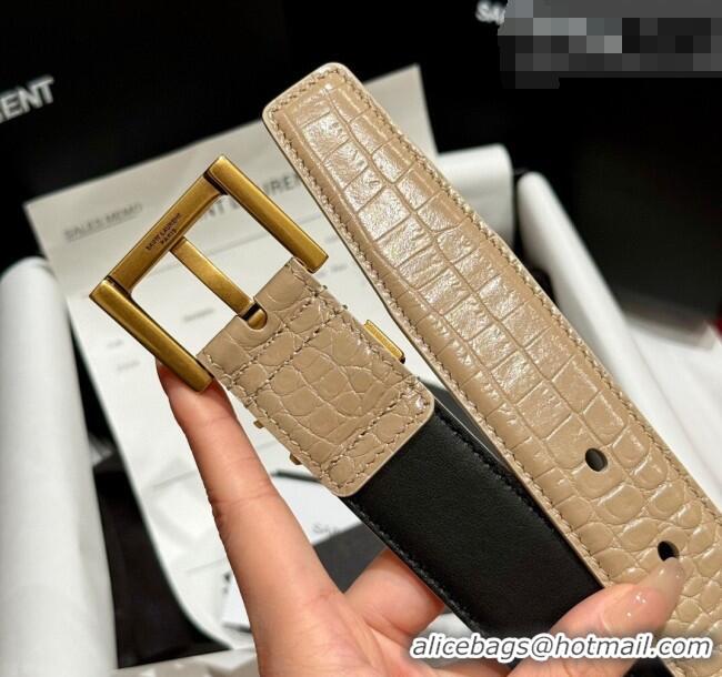 Top Grade Saint Laurent Crocodile Embossed Leather Belt 3cm with Pink Buckle YSL011001 Beige 2025