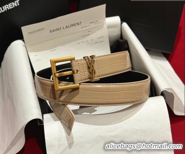 Top Grade Saint Laurent Crocodile Embossed Leather Belt 3cm with Pink Buckle YSL011001 Beige 2025