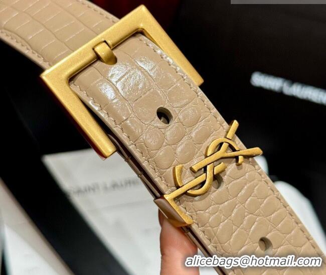 Top Grade Saint Laurent Crocodile Embossed Leather Belt 3cm with Pink Buckle YSL011001 Beige 2025
