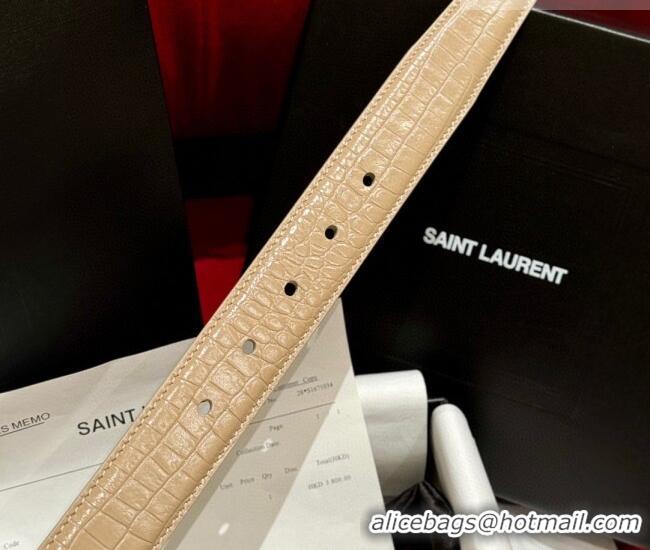 Top Grade Saint Laurent Crocodile Embossed Leather Belt 3cm with Pink Buckle YSL011001 Beige 2025