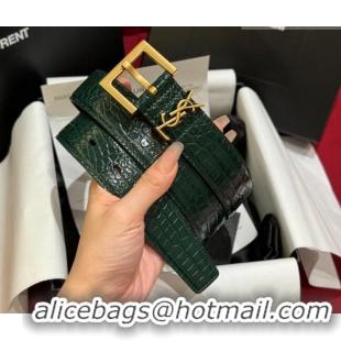 Buy Fashionable Saint Laurent Crocodile Embossed Leather Belt 3cm with Pink Buckle YSL011001 Green 2025