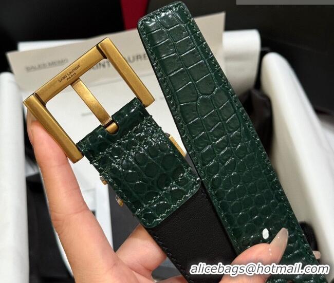 Buy Fashionable Saint Laurent Crocodile Embossed Leather Belt 3cm with Pink Buckle YSL011001 Green 2025