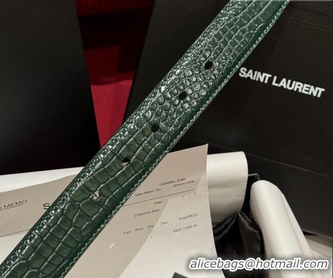 Buy Fashionable Saint Laurent Crocodile Embossed Leather Belt 3cm with Pink Buckle YSL011001 Green 2025
