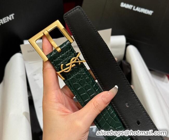 Buy Fashionable Saint Laurent Crocodile Embossed Leather Belt 3cm with Pink Buckle YSL011001 Green 2025