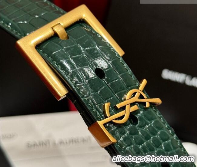 Buy Fashionable Saint Laurent Crocodile Embossed Leather Belt 3cm with Pink Buckle YSL011001 Green 2025