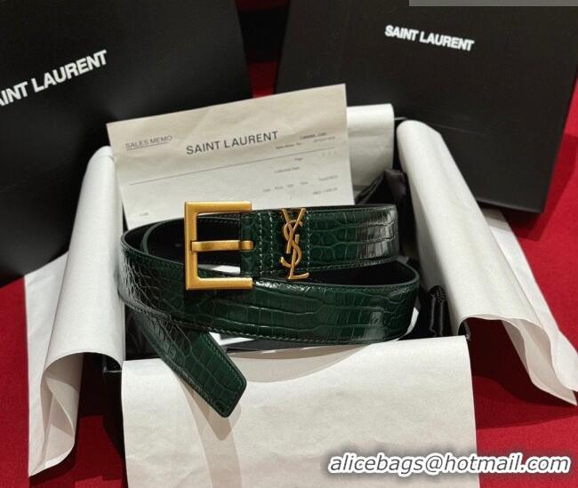 Buy Fashionable Saint Laurent Crocodile Embossed Leather Belt 3cm with Pink Buckle YSL011001 Green 2025