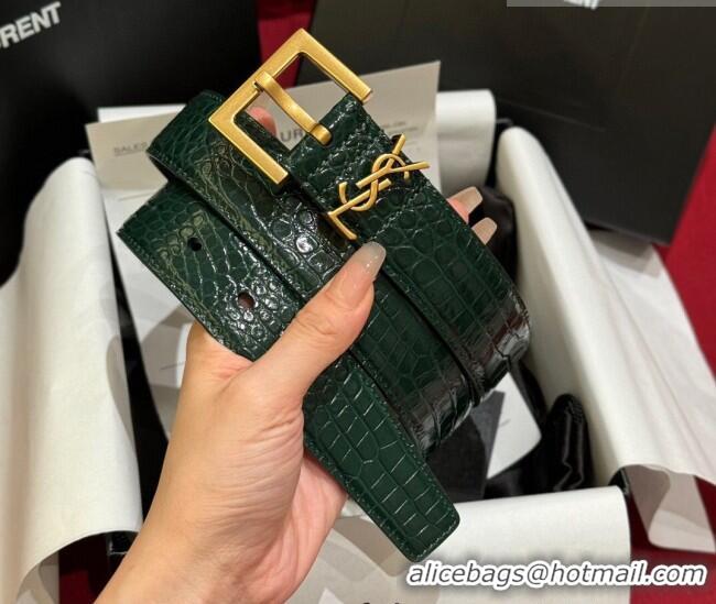 Buy Fashionable Saint Laurent Crocodile Embossed Leather Belt 3cm with Pink Buckle YSL011001 Green 2025