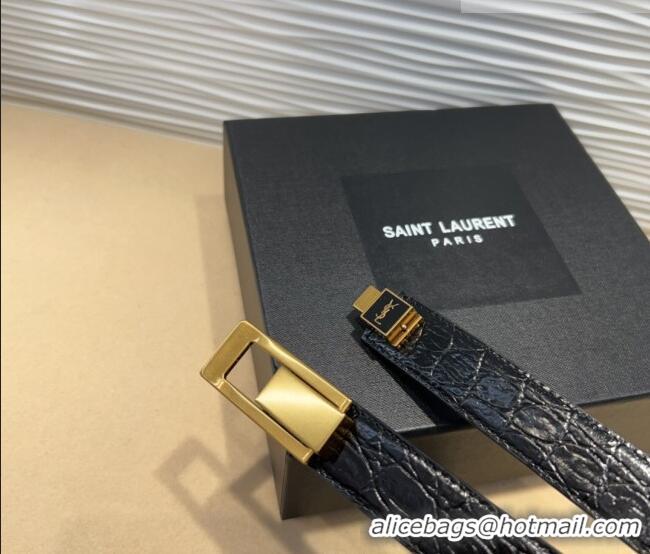 Most Popular Saint Laurent Crocodile Embossed Leather Belt 2.5cm 0317 Black/Gold 2025