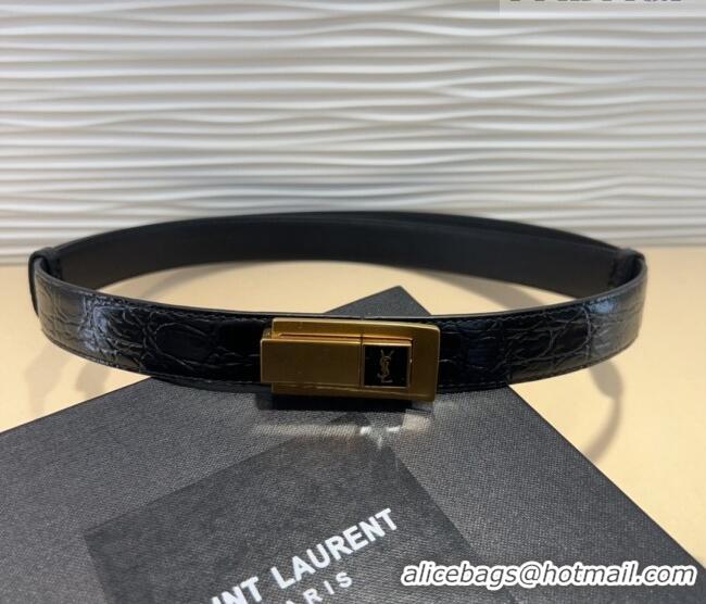 Most Popular Saint Laurent Crocodile Embossed Leather Belt 2.5cm 0317 Black/Gold 2025