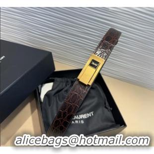 Luxury Discount Saint Laurent Crocodile Embossed Leather Belt 2.5cm 0317 Brown/Gold 2025