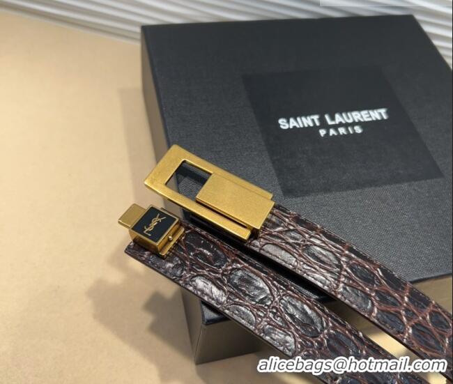 Luxury Discount Saint Laurent Crocodile Embossed Leather Belt 2.5cm 0317 Brown/Gold 2025