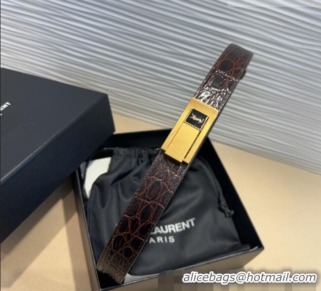 Luxury Discount Saint Laurent Crocodile Embossed Leather Belt 2.5cm 0317 Brown/Gold 2025