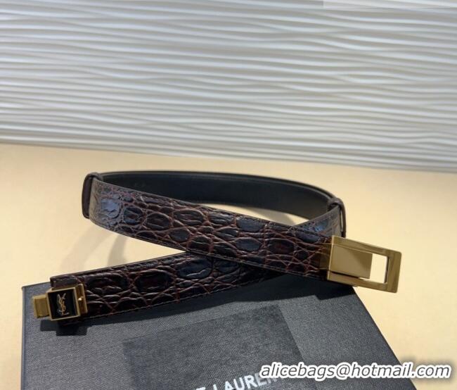Luxury Discount Saint Laurent Crocodile Embossed Leather Belt 2.5cm 0317 Brown/Gold 2025