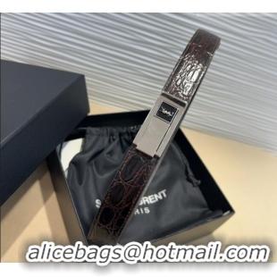 Popular Style Saint Laurent Crocodile Embossed Leather Belt 2.5cm 0317 Brown/Silver 2025