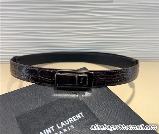 Popular Style Saint Laurent Crocodile Embossed Leather Belt 2.5cm 0317 Brown/Silver 2025