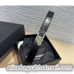 New Cheap Saint Laurent Crocodile Embossed Leather Belt 2.5cm 0317 Black/Silver 2025