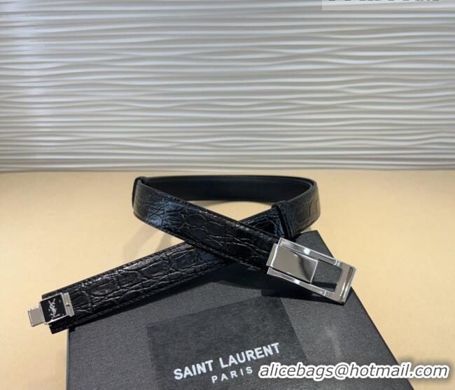 New Cheap Saint Laurent Crocodile Embossed Leather Belt 2.5cm 0317 Black/Silver 2025