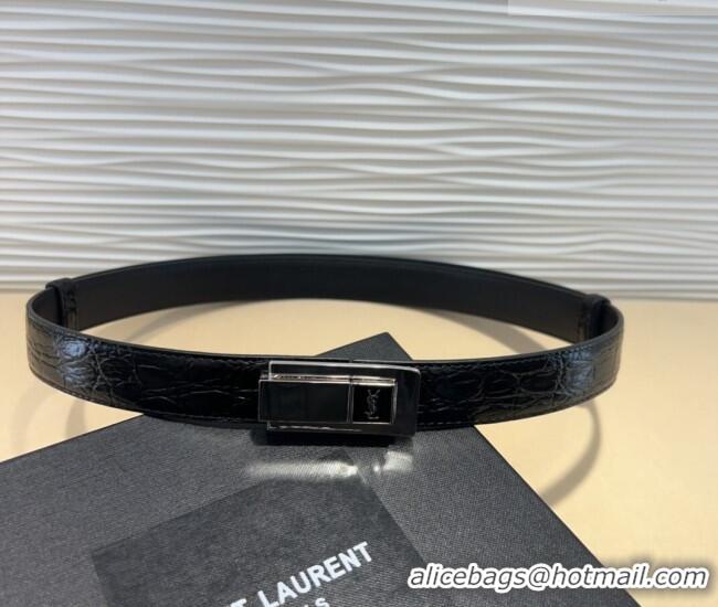 New Cheap Saint Laurent Crocodile Embossed Leather Belt 2.5cm 0317 Black/Silver 2025
