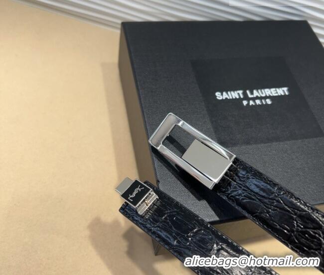 New Cheap Saint Laurent Crocodile Embossed Leather Belt 2.5cm 0317 Black/Silver 2025