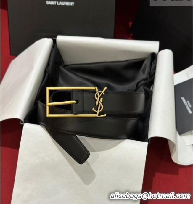 Famous Brand Saint Laurent New Cassandre Belt 3cm in Calf Leather 0617 Black/Gold 2025