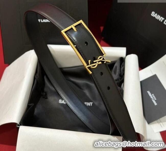 Famous Brand Saint Laurent New Cassandre Belt 3cm in Calf Leather 0617 Black/Gold 2025
