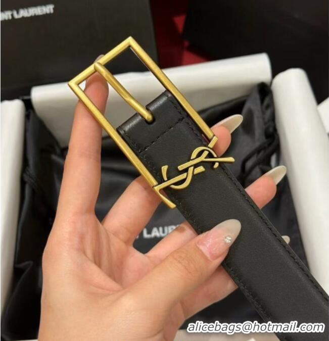 Famous Brand Saint Laurent New Cassandre Belt 3cm in Calf Leather 0617 Black/Gold 2025
