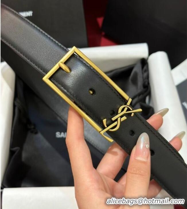 Famous Brand Saint Laurent New Cassandre Belt 3cm in Calf Leather 0617 Black/Gold 2025