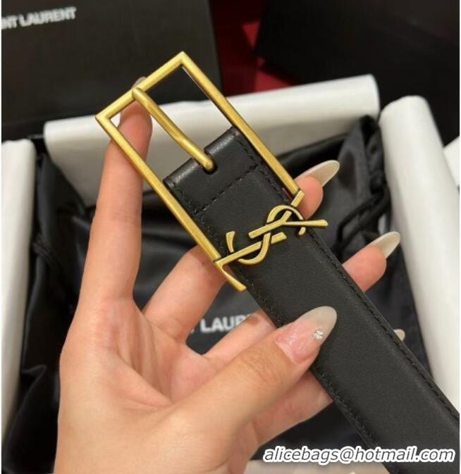 Famous Brand Saint Laurent New Cassandre Belt 3cm in Calf Leather 0617 Black/Gold 2025