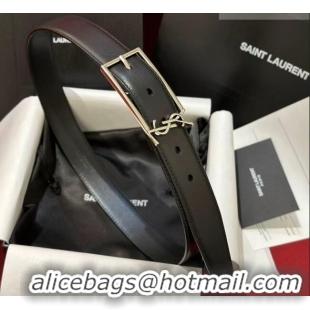 Luxury Cheap Saint Laurent New Cassandre Belt 3cm in Calf Leather 0617 Black/Silver 2025