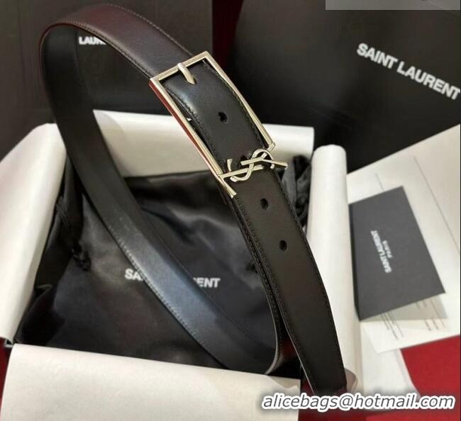 Luxury Cheap Saint Laurent New Cassandre Belt 3cm in Calf Leather 0617 Black/Silver 2025