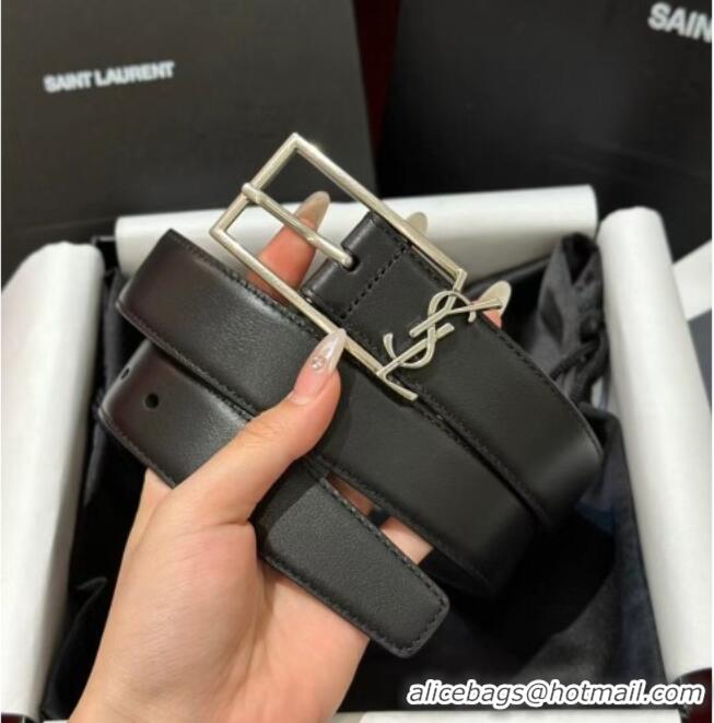 Luxury Cheap Saint Laurent New Cassandre Belt 3cm in Calf Leather 0617 Black/Silver 2025