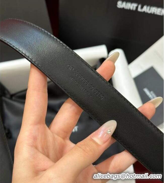 Luxury Cheap Saint Laurent New Cassandre Belt 3cm in Calf Leather 0617 Black/Silver 2025