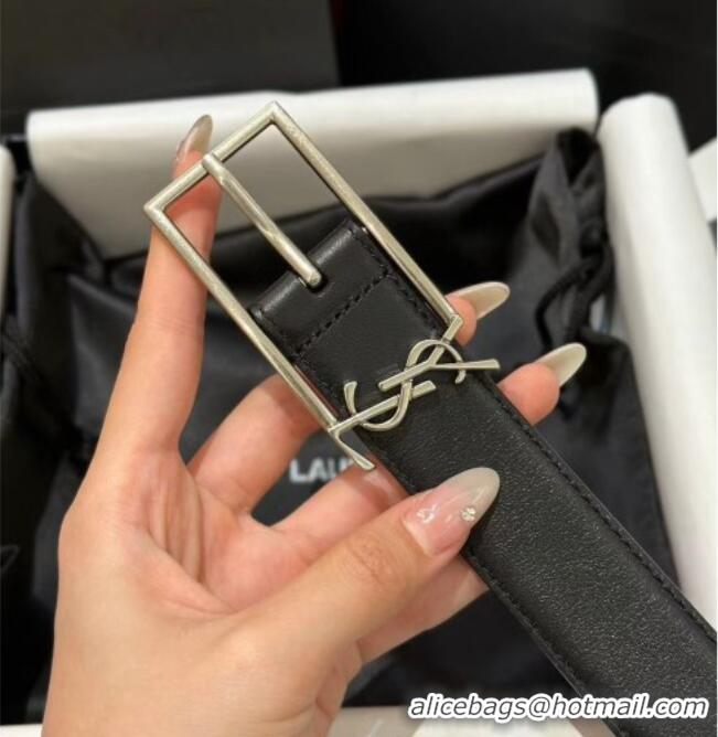 Luxury Cheap Saint Laurent New Cassandre Belt 3cm in Calf Leather 0617 Black/Silver 2025