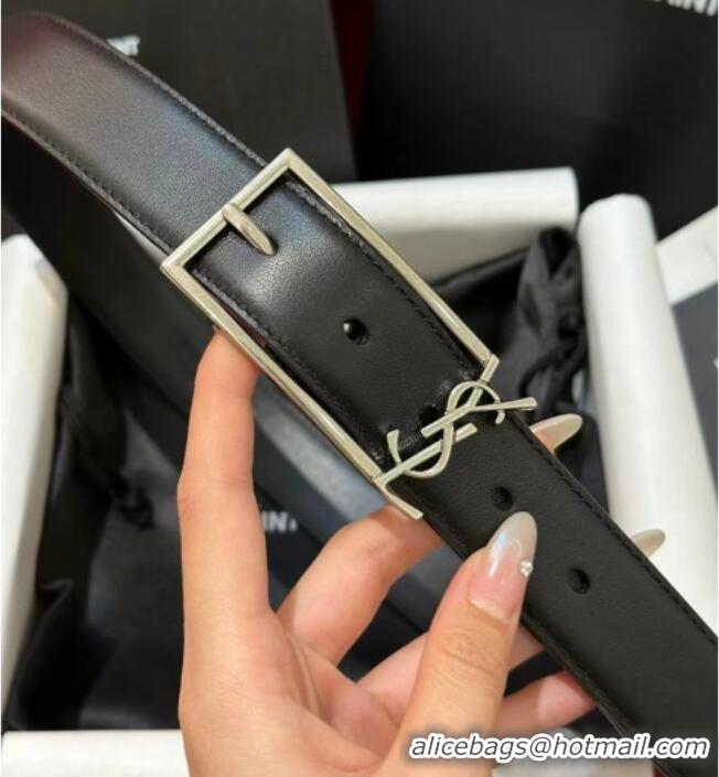 Luxury Cheap Saint Laurent New Cassandre Belt 3cm in Calf Leather 0617 Black/Silver 2025