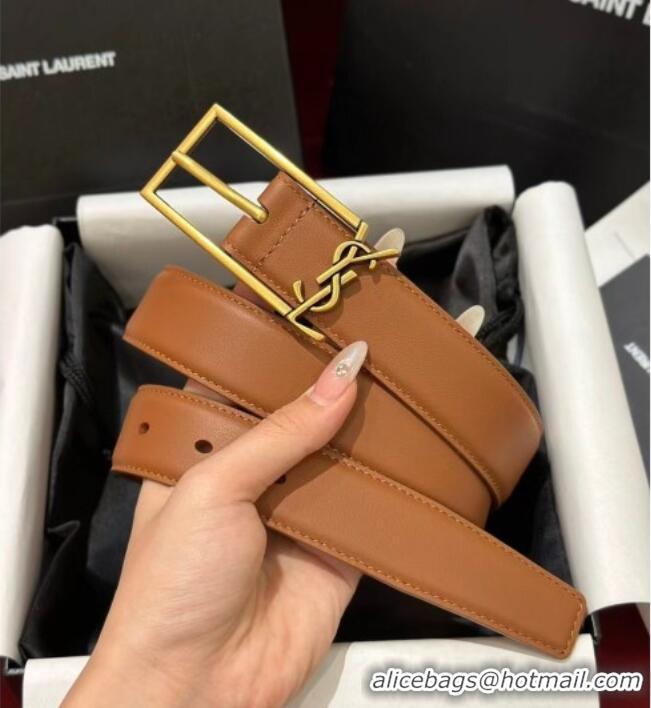 Good Looking Saint Laurent New Cassandre Belt 3cm in Calf Leather 0617 Brown 2025