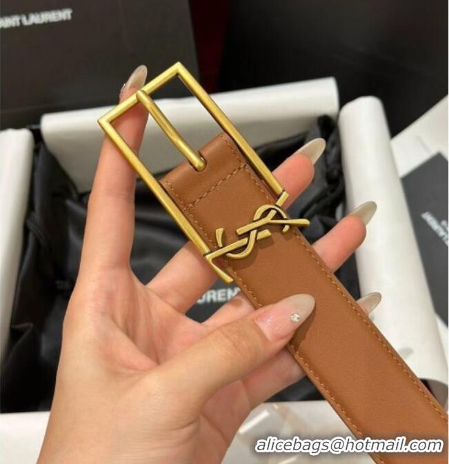 Good Looking Saint Laurent New Cassandre Belt 3cm in Calf Leather 0617 Brown 2025