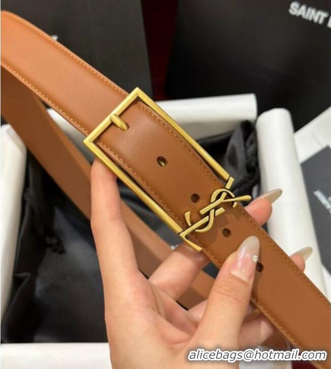 Good Looking Saint Laurent New Cassandre Belt 3cm in Calf Leather 0617 Brown 2025