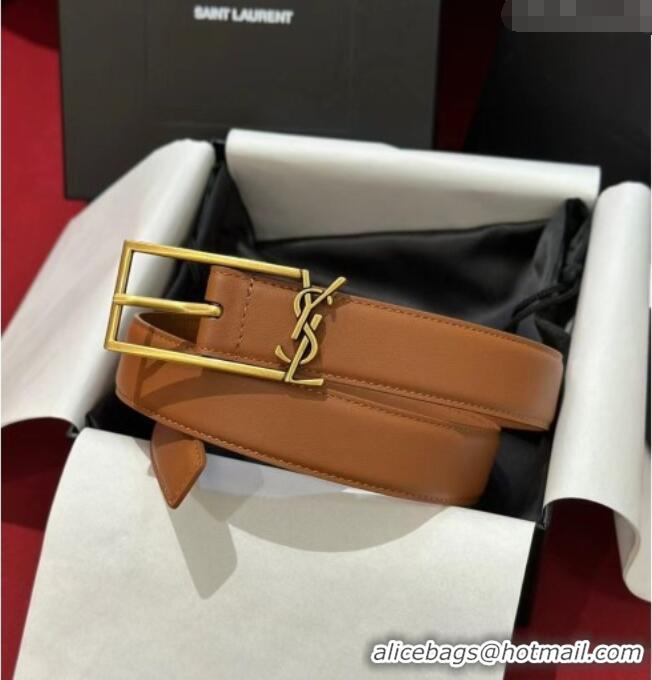 Good Looking Saint Laurent New Cassandre Belt 3cm in Calf Leather 0617 Brown 2025