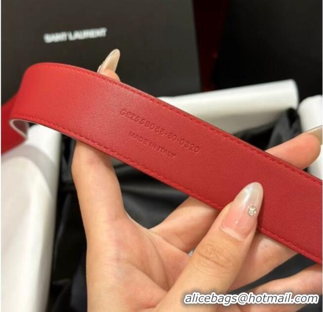 Top Design Saint Laurent New Cassandre Belt 3cm in Calf Leather 0617 Red 2025